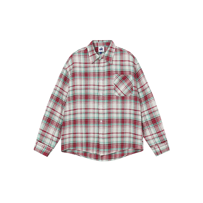 美式复古磨毛格子条纹长袖外套衬衫男女同款上衣春秋痞帅炸街潮牌