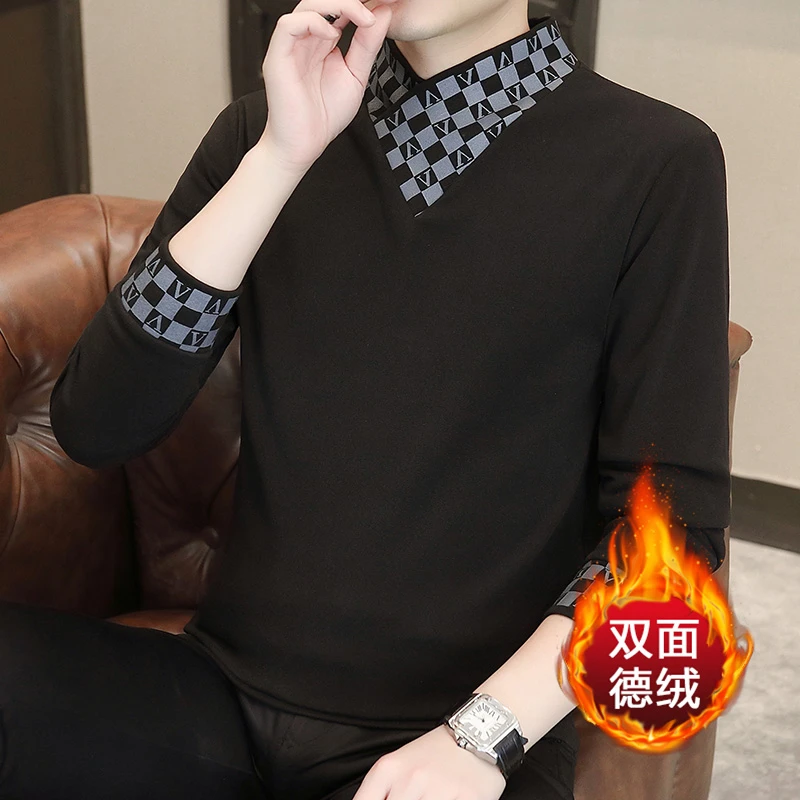 秋冬新款男士半高领双面德绒假两件打底衫修身百搭保暖长袖卫衣潮