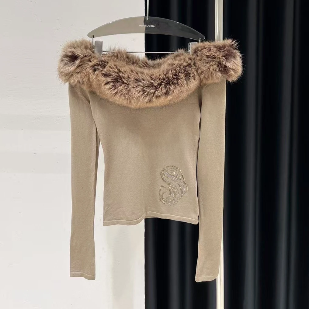 JiuMi Studio一字肩柔软毛毛领打底上衣