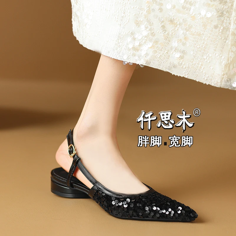 法式绝美凉鞋女夏季外穿大码女鞋41一43胖脚宽肥40包头亮片低跟42
