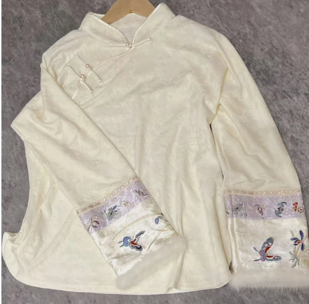 [锦绣]新中式刺绣厚款加绒盘扣冬季打底兔毛小衫