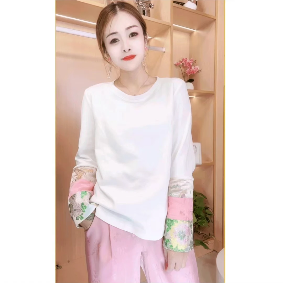 [百搭T恤]新中式刺绣拼接袖口T恤女长袖秋新款设计感小众国风上衣