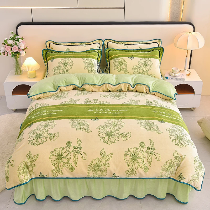 【莫奈】秋冬床裙款加绒加厚双面牛奶绒四件套床上用品枕套随机裁剪