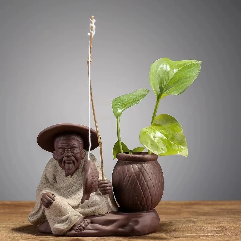 匠器钓鱼老翁紫砂茶宠摆件创意茶道摆设茶玩中式个性复古陶瓷