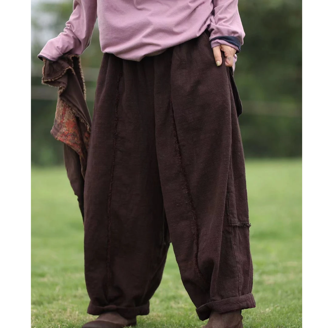 小红分享-古蘭木-复古植物染拼接毛边双层休闲裤6772