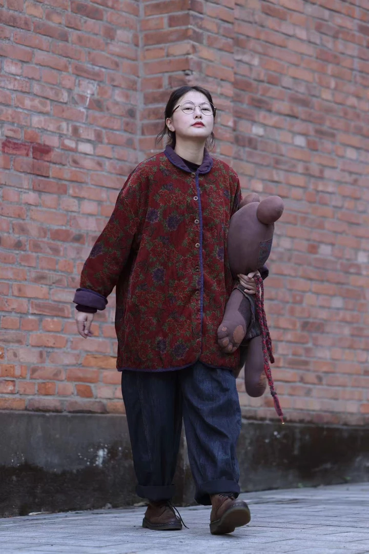 小红分享-衣路37962原创复古国风花色棉料中长棉衣