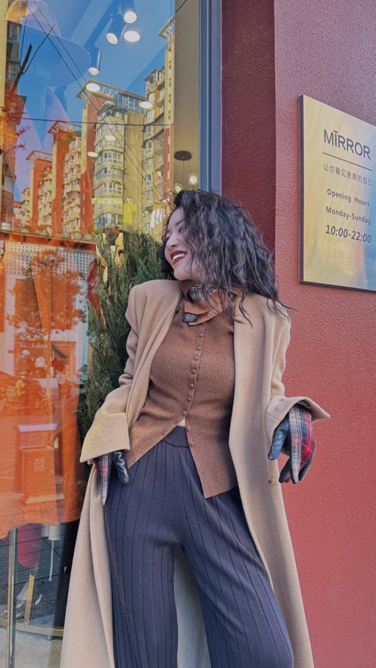 MIRROR （涛姐精选）卡其色经典无领羊毛大衣