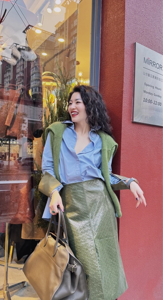 MIRROR （涛姐精选）英伦风尚蓝绿拼色时髦气质衬衫