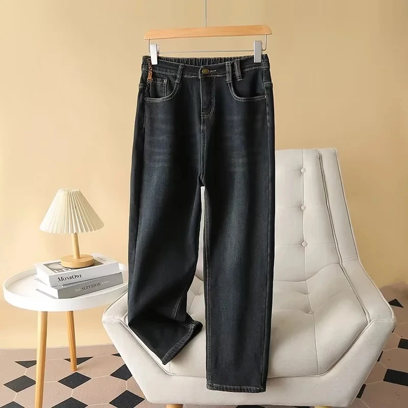 100-220斤大码裤子微胖mm秋冬宽松显瘦牛仔裤 百搭磨白加绒直筒裤