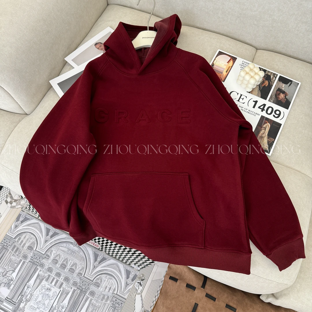 诺曼卫衣 周青青时尚连帽加绒字母钢印百搭卫衣绒衫秋冬大码女新