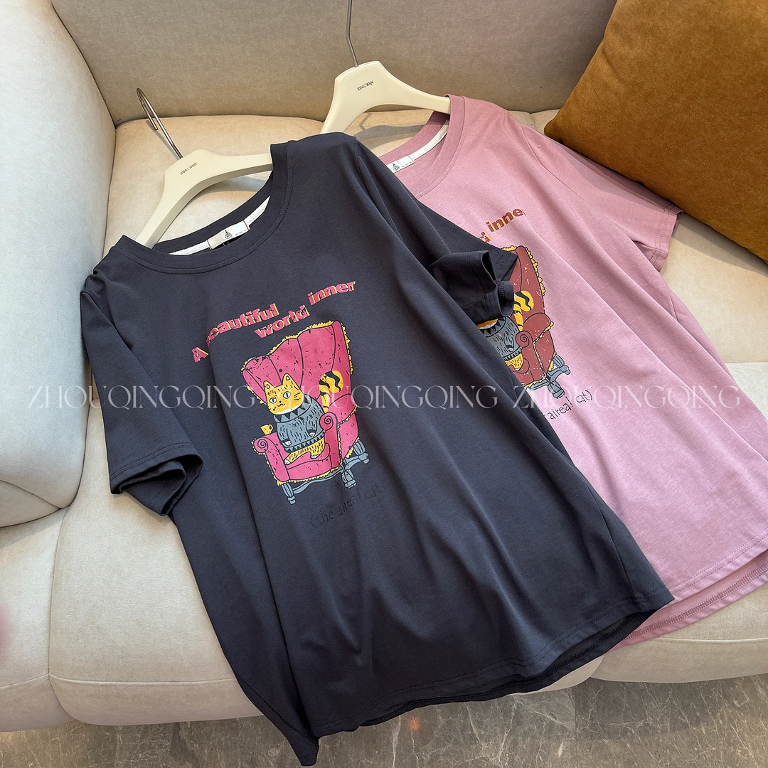 【福利款】 周青青大码女装夏季新款正肩纯棉印花T恤显瘦宽松上衣
