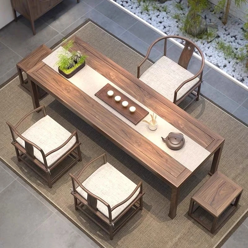 新中式老榆木实木简约黑胡桃色茶桌海棠椅主椅客椅方凳茶桌组合