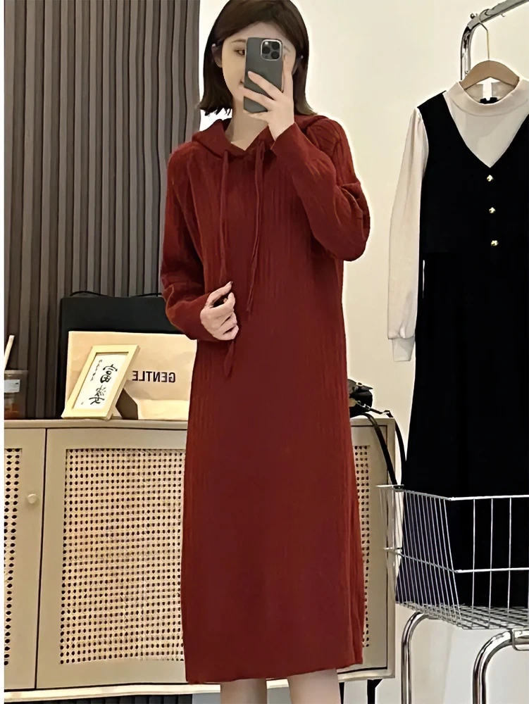 长款打底针织连衣裙女秋冬新款配大衣内搭宽松慵懒连帽卫衣毛衣裙