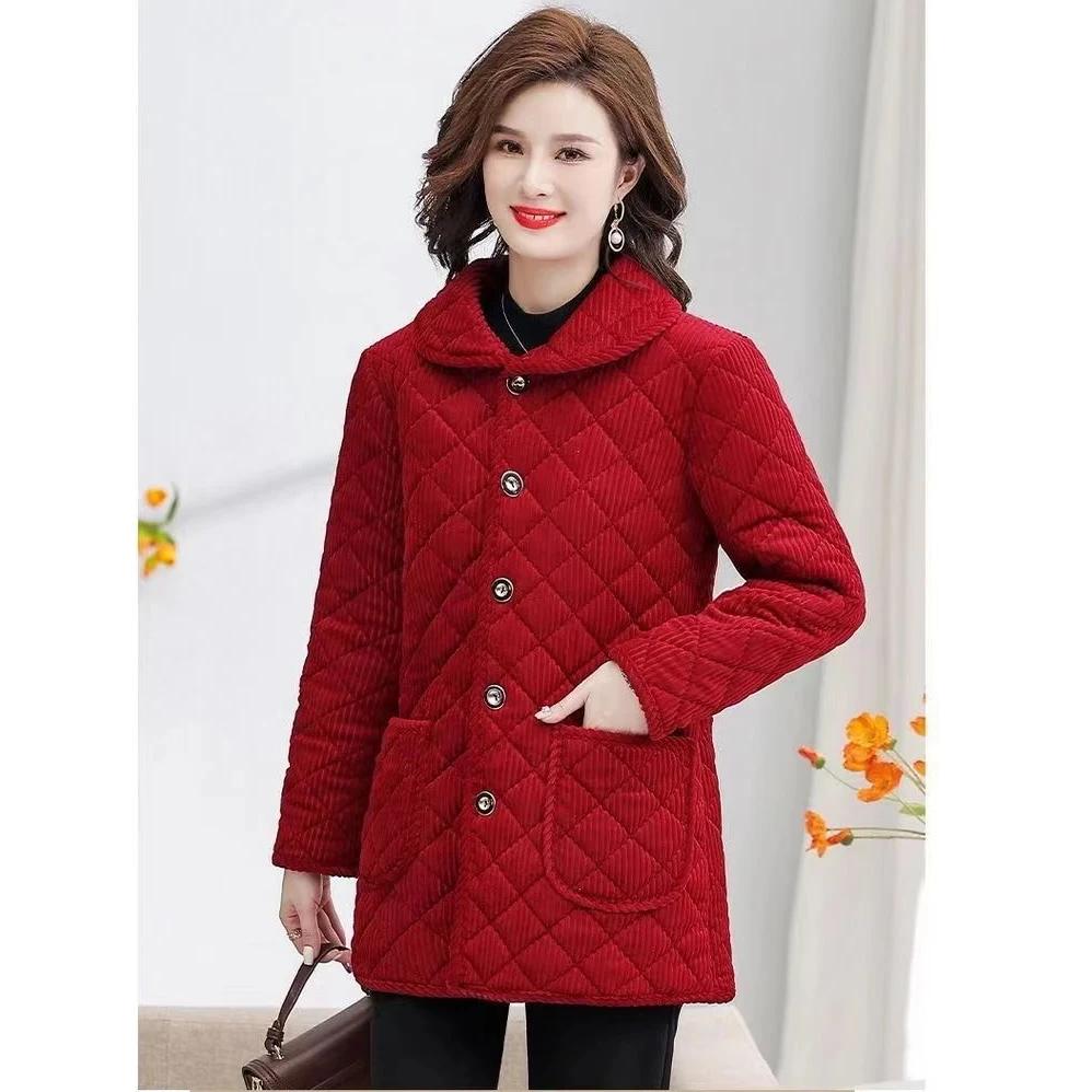 妈妈装冬季中款棉衣中老年新款加绒加厚保暖棉服女外套