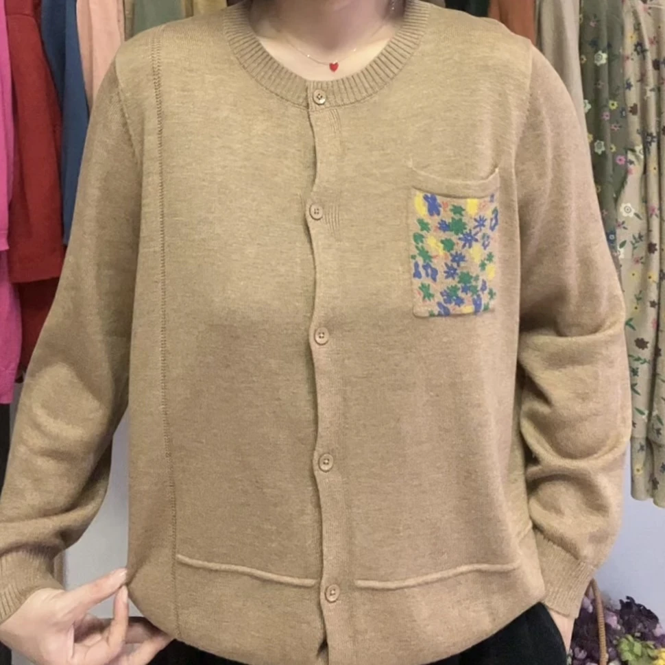 (纯色碎花口袋开衫）女款宽松针织衫
