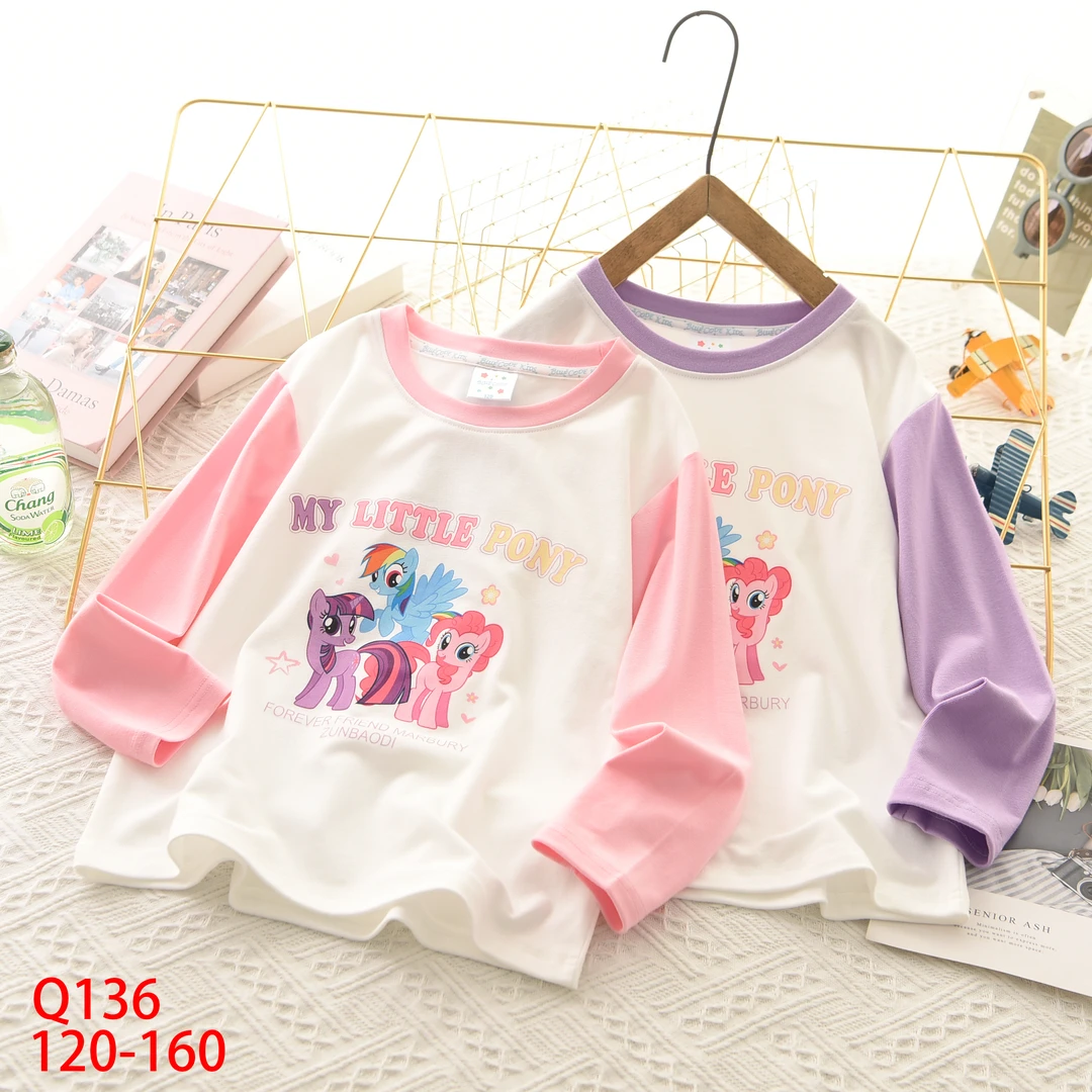 24春秋款女童小马拼接打底衫 儿童拼色数码直喷圆领棉t恤Q136