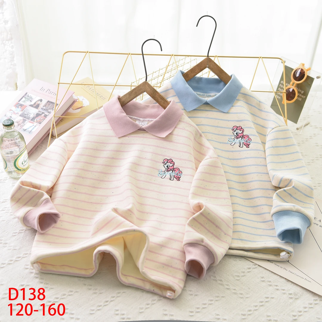 女童条纹小马刺绣卫衣 儿童洋气彩棉加绒polo领套头衫D138