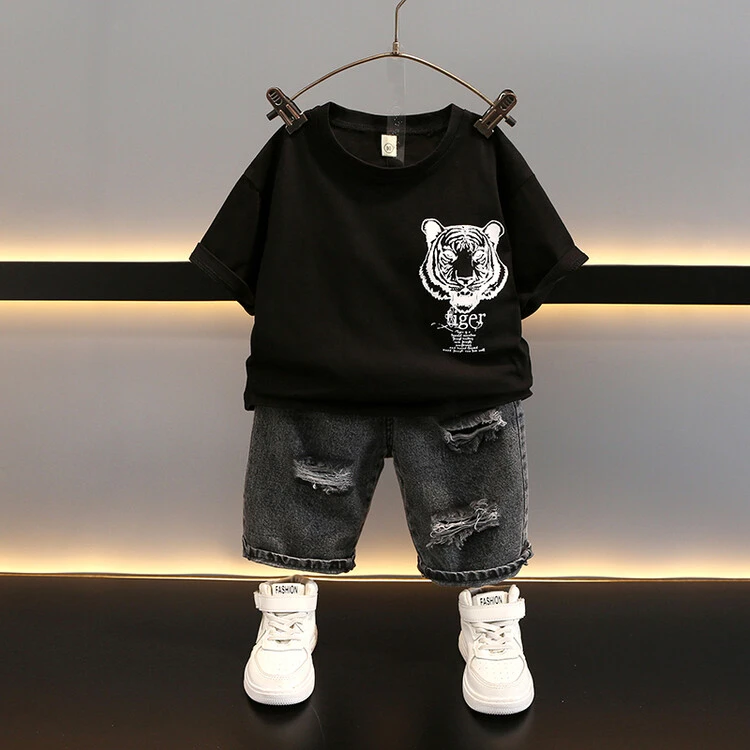 2024夏季新款印花套装百搭薄款男童中小童牛仔洋气时尚男孩帅气潮