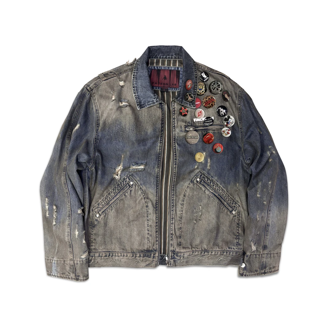 今日青年FACEONLAB泥染牛仔底特律夹克 复古水洗设计师款夹克外套