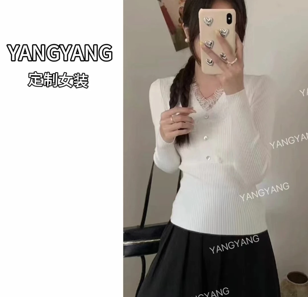 YANGYANG法式别致蕾丝v领针织开衫