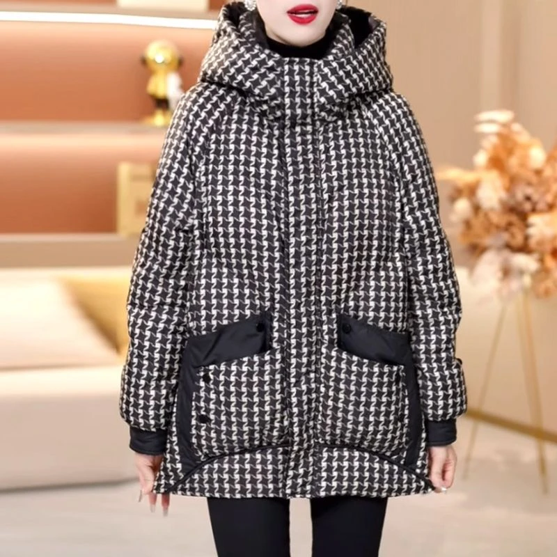 2024新款时尚千鸟格中长款棉服女冬季加厚洋气大码保暖棉袄外套