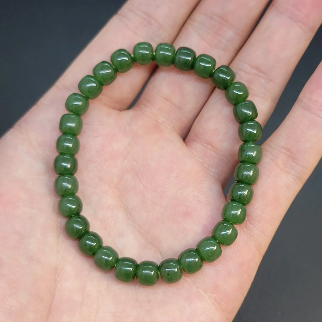 新疆和田玉碧玉手串老型珠手链天然圆珠单珠直切珠子7mm-广恒玉业