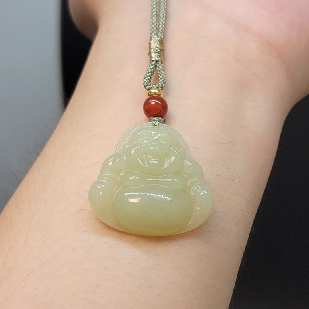 和田玉佛公玉坠冰透笑佛吊坠女款晴水细料弥勒佛挂件玉佩项链30mm