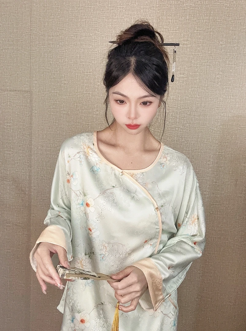 2024国风透气长袖睡衣女套装秋季宽松轻奢女士睡衣家居服可外穿