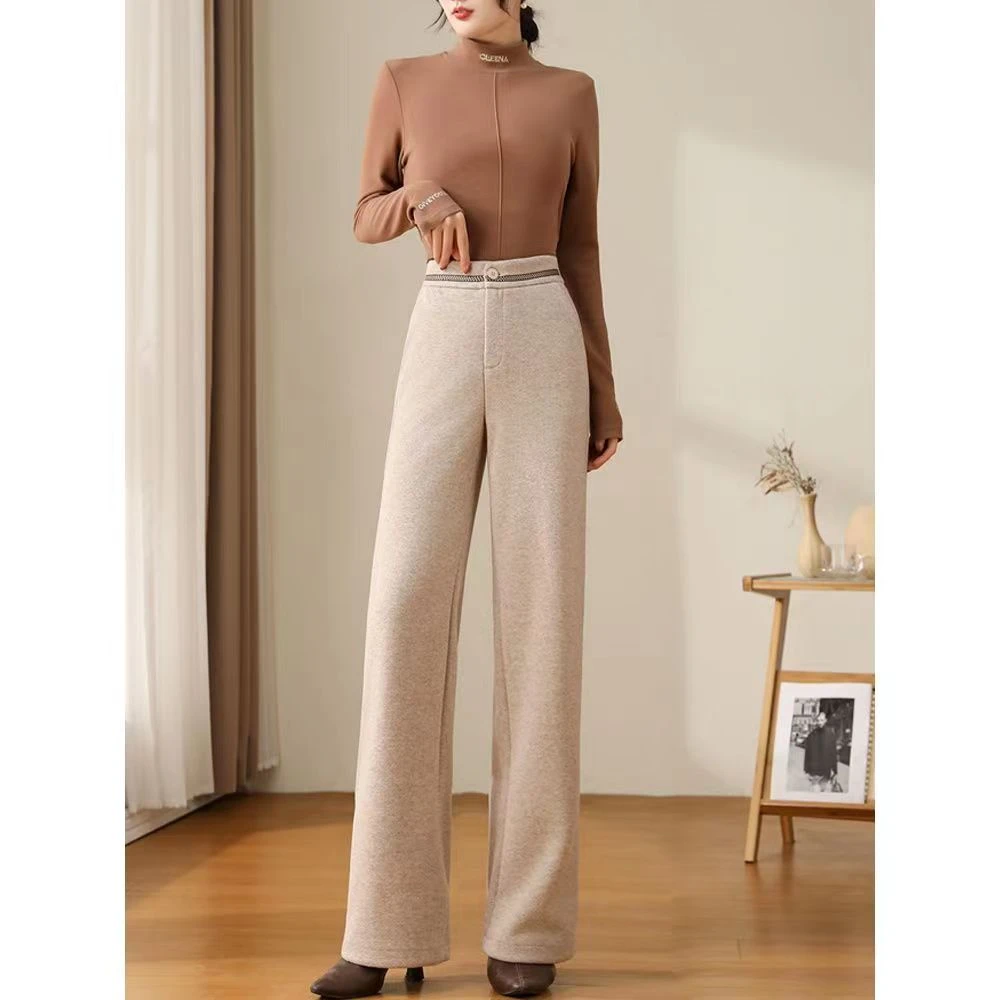 SHILIUSTREET裤秋冬人字纹绵羊毛直筒小窄版阔腿裤女裤长舒适9193