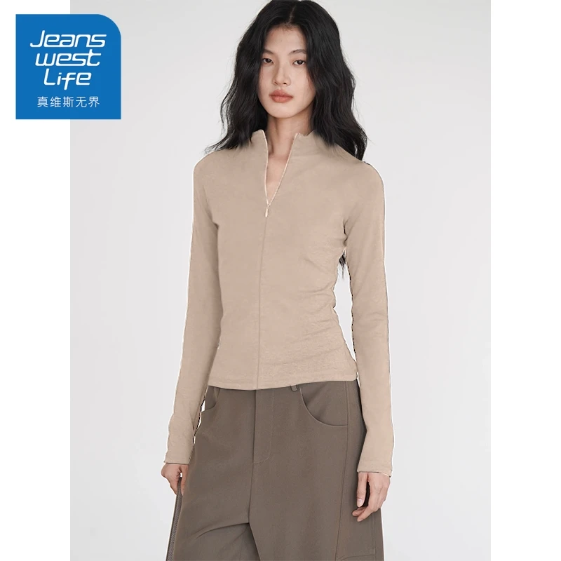 真维斯无界薄绒打底衫女装2025秋冬新款保暖内搭小个子开领上衣潮