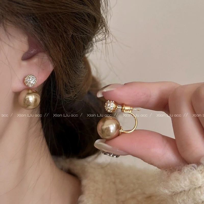 铜合金耳饰 一款两戴香槟色珠珠耳环2024新款爆款气质设计感耳饰