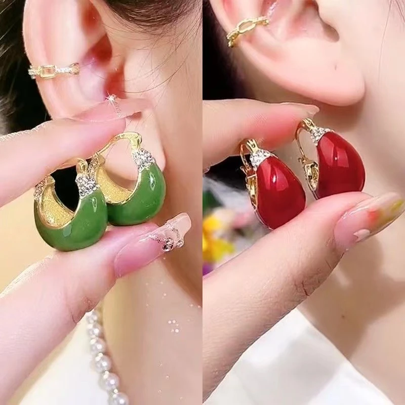 合金耳饰 高级感时尚红色滴油摇篮耳扣法式复古耳饰闪钻贵气耳钉