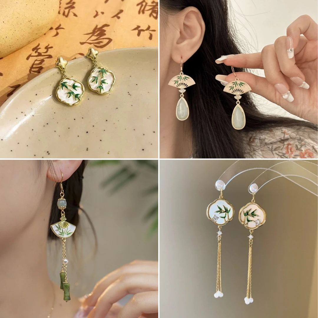 铜合金耳饰 2024年火爆款新中式翠竹小众耳环高级感古风气质耳钉