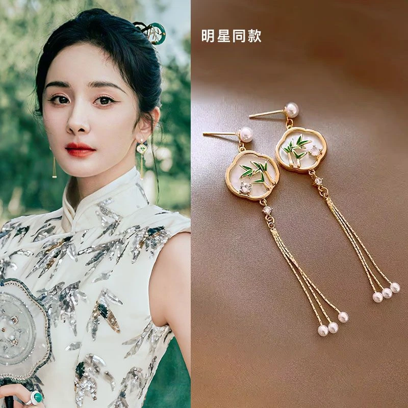 铜合金耳饰 925银针新中式翠竹设计耳环小众国风耳钉古风旗袍配饰