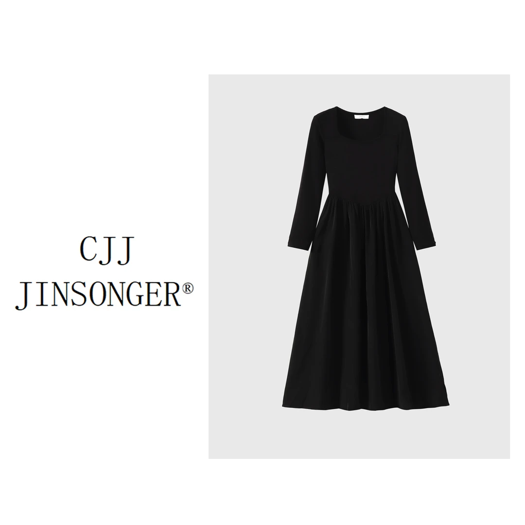 CJJ【入秋指南】黑色方领长袖连衣裙女气质赫本风收腰显瘦长裙秋装