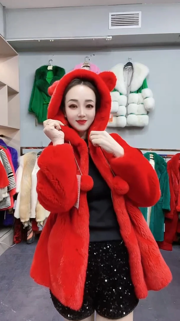 小小熊”进口宝嘉美水貂皮草女整貂外套连帽中长款貂皮大衣年轻