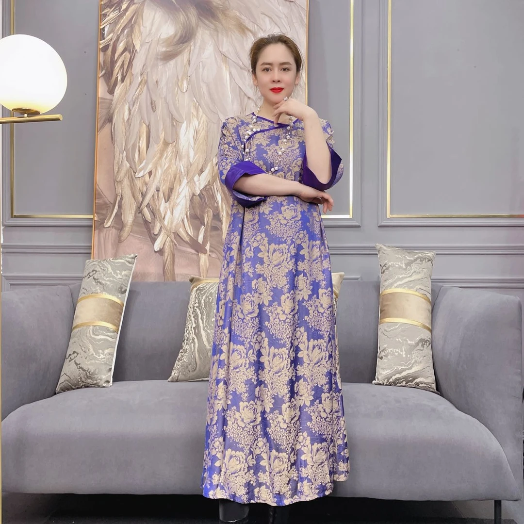 6683桑蚕丝时尚复古印花长款气质宽松显瘦优雅百搭阔太太连衣裙