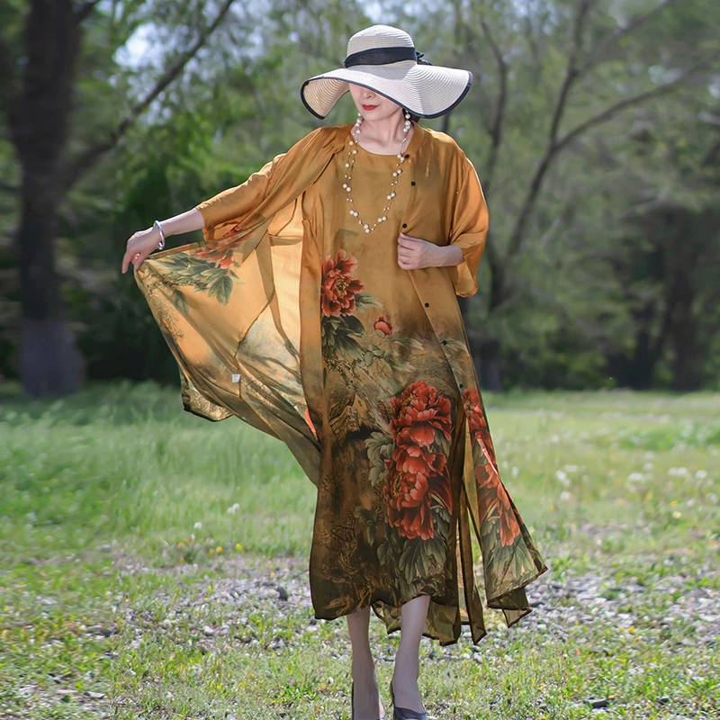 855桑蚕丝春夏时尚复古印花休闲百搭显高显瘦宽松优雅阔太太套装