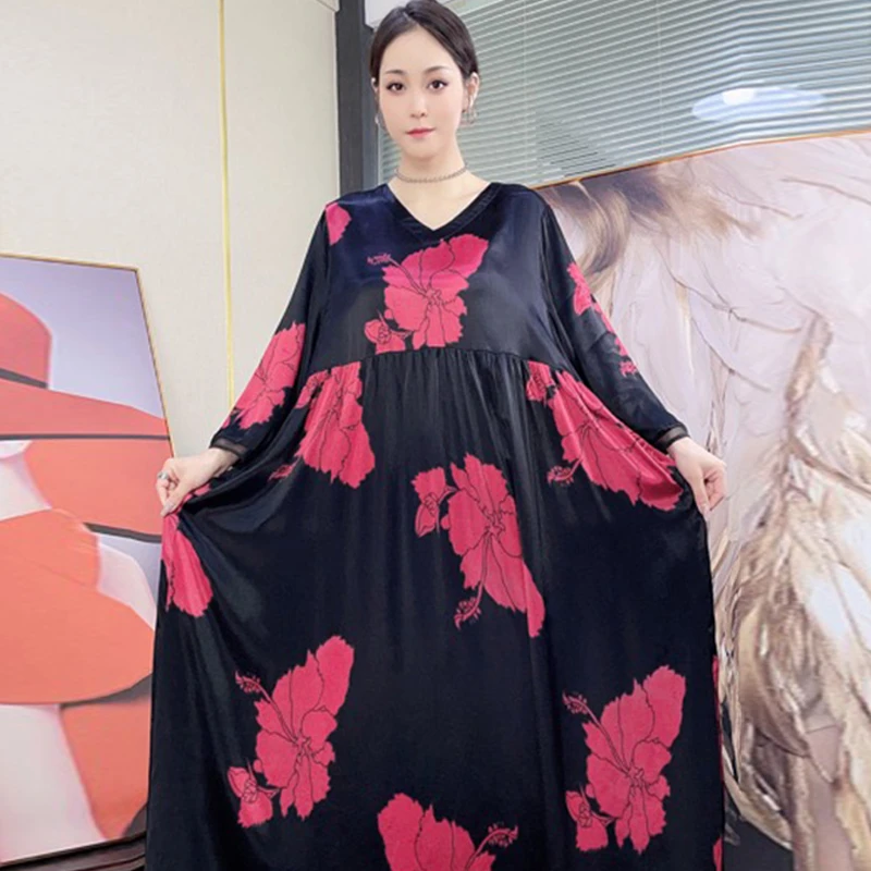 （223042）桑蚕丝真丝缎面时尚复古优雅气质长款宽松阔太太连衣裙