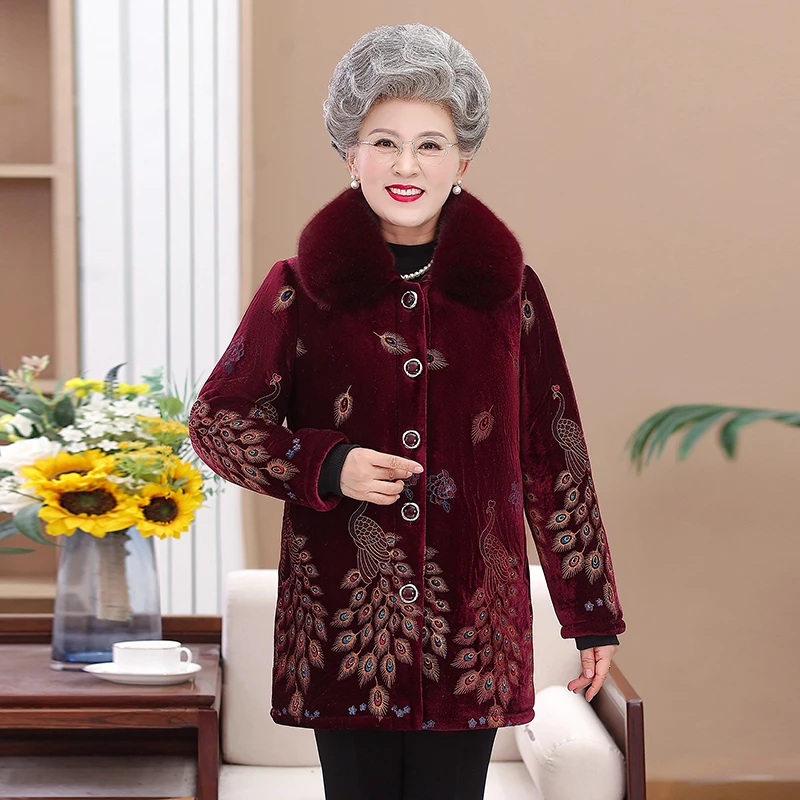 中老年人冬装女奶奶棉衣70岁老太太棉袄妈妈加绒厚衣服中长款外套