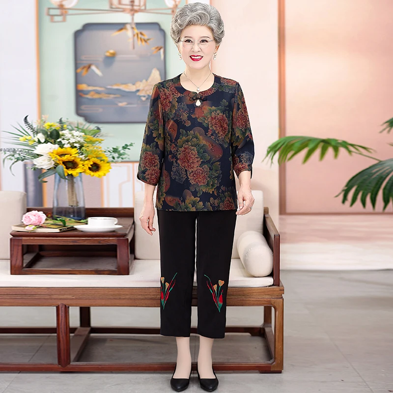 中老年女装奶奶夏装套装老年人妈妈两件套老人衣服上衣老太太短袖