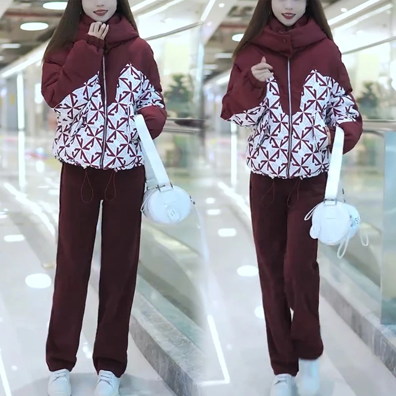 冬季棉服套装女宽松新款撞色连帽棉衣棉袄加绒加厚休闲裤子两件套