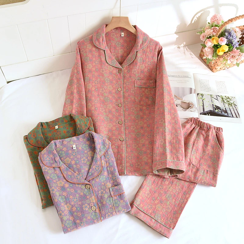 新款纯棉双层纱布色织提花睡衣女长袖家居服薄春秋夏高档宽松套装