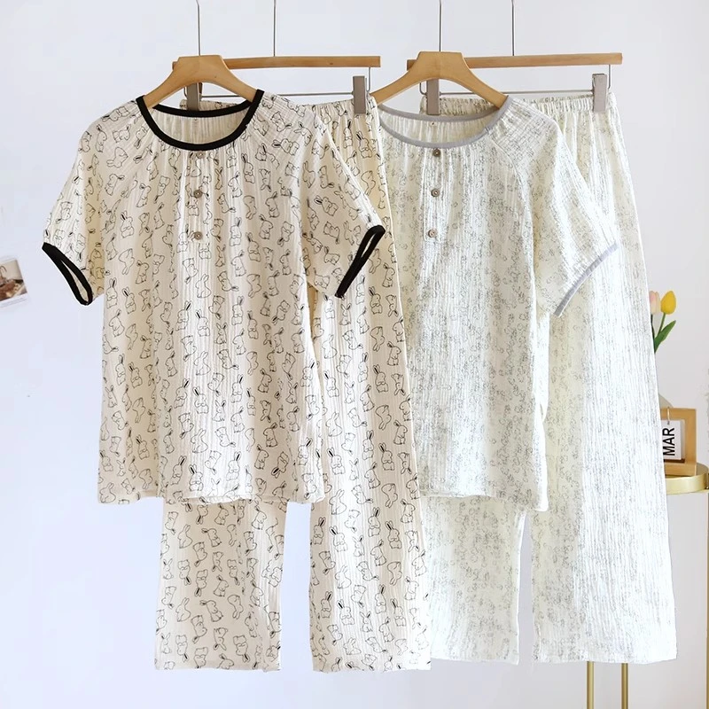 睡衣女夏季泡泡纱短袖长裤韩版简约纯棉纱布家居服两件套装婴儿棉