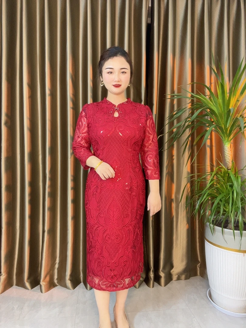 2178盘花刺绣修身显瘦大码气质时尚婚礼宴会礼服喜婆婆妈妈装连衣