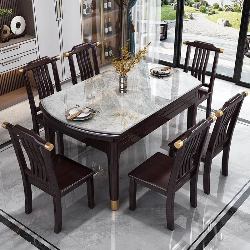 新中式岩板餐桌实木小户型饭桌家用伸缩折叠方圆两用餐桌椅组合