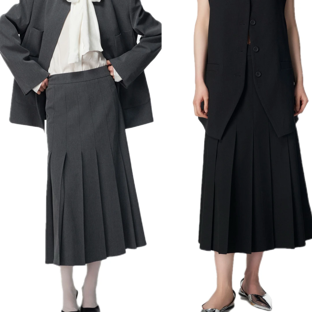 百褶中长半裙美国设计师品牌CORA&WYNN显瘦黑色学院风半身裙裙子