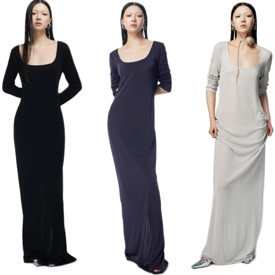 洛杉矶CORA&WYNN垂感方领醋酸修身针织长裙连衣裙秋冬过膝长袖