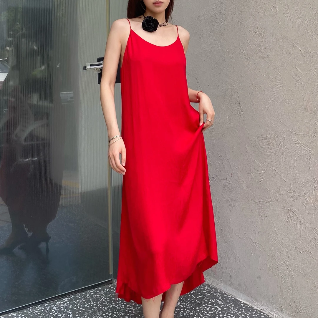 Cora&WYNN露背吊带夏季连衣裙红色法式长裙