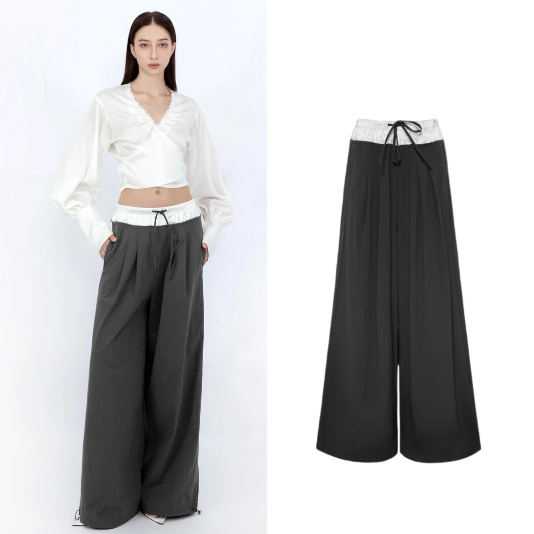 拼接腰抽绳阔腿裤Senseaweek宽松显瘦百搭薄款夏季长裤黑色垂感